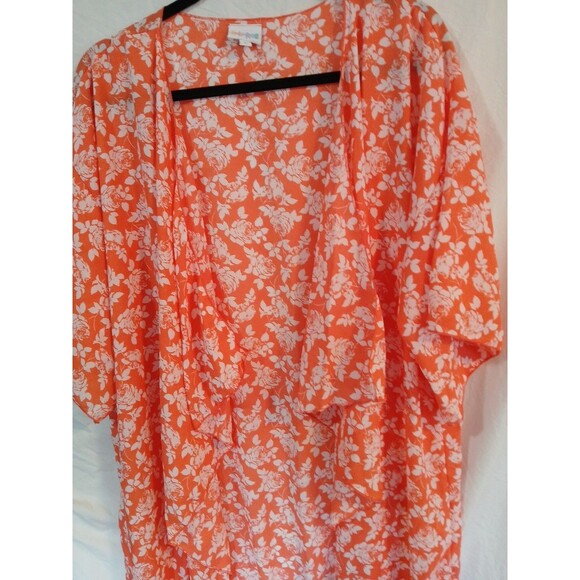 LuLaRoe Monroe Kimono With Fringe Open Waterfall Front - L- Orange/ White Floral - Picture 2 of 16
